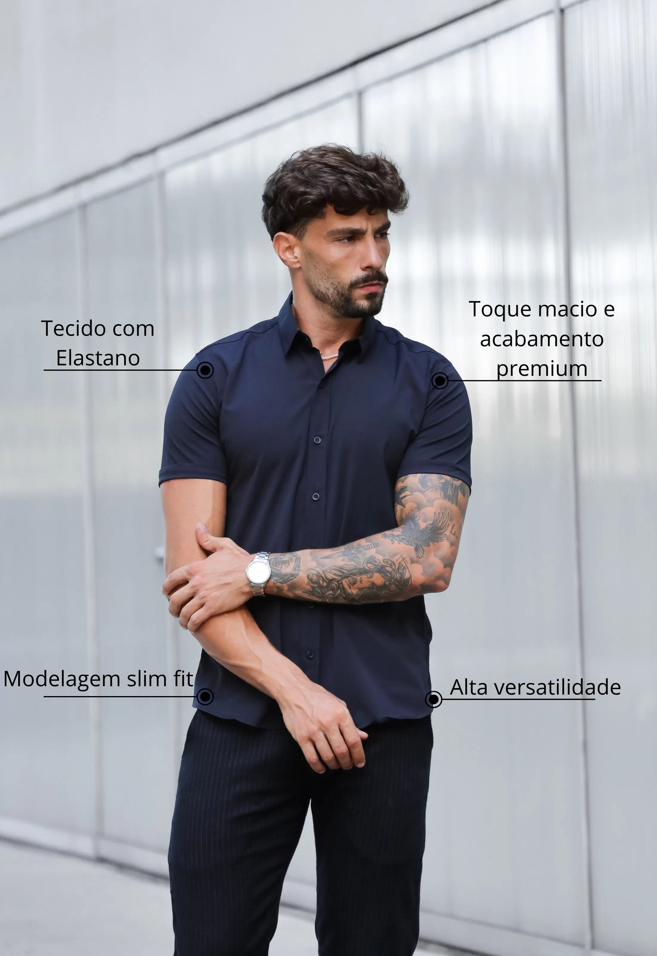 Camisa Masculina Manga Curta Slim Preta - Imagem 2