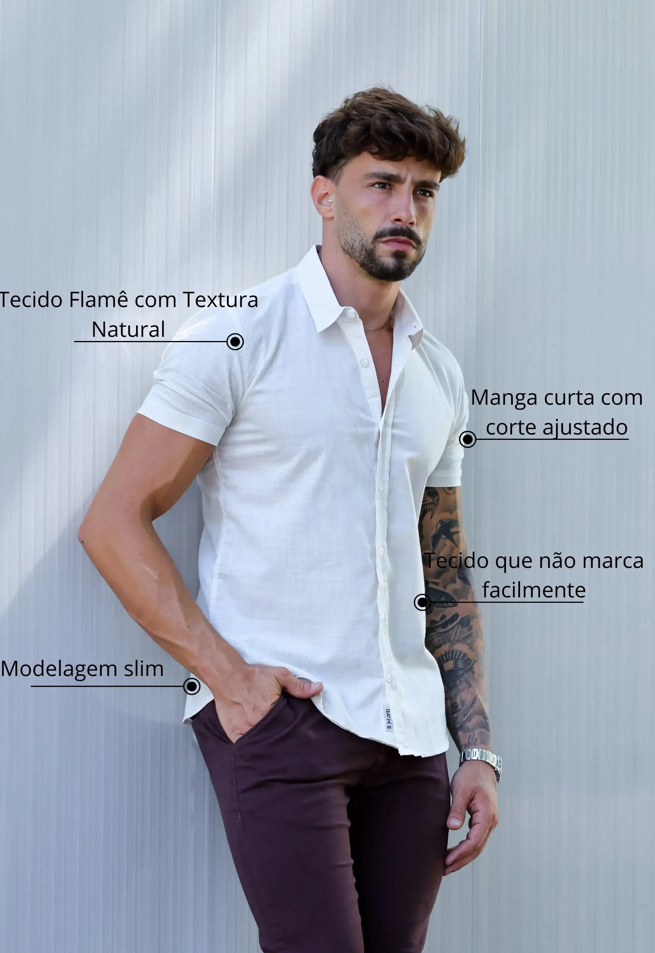 Camisa Masculina Manga Curta Flame Slim Bege - Imagem 2