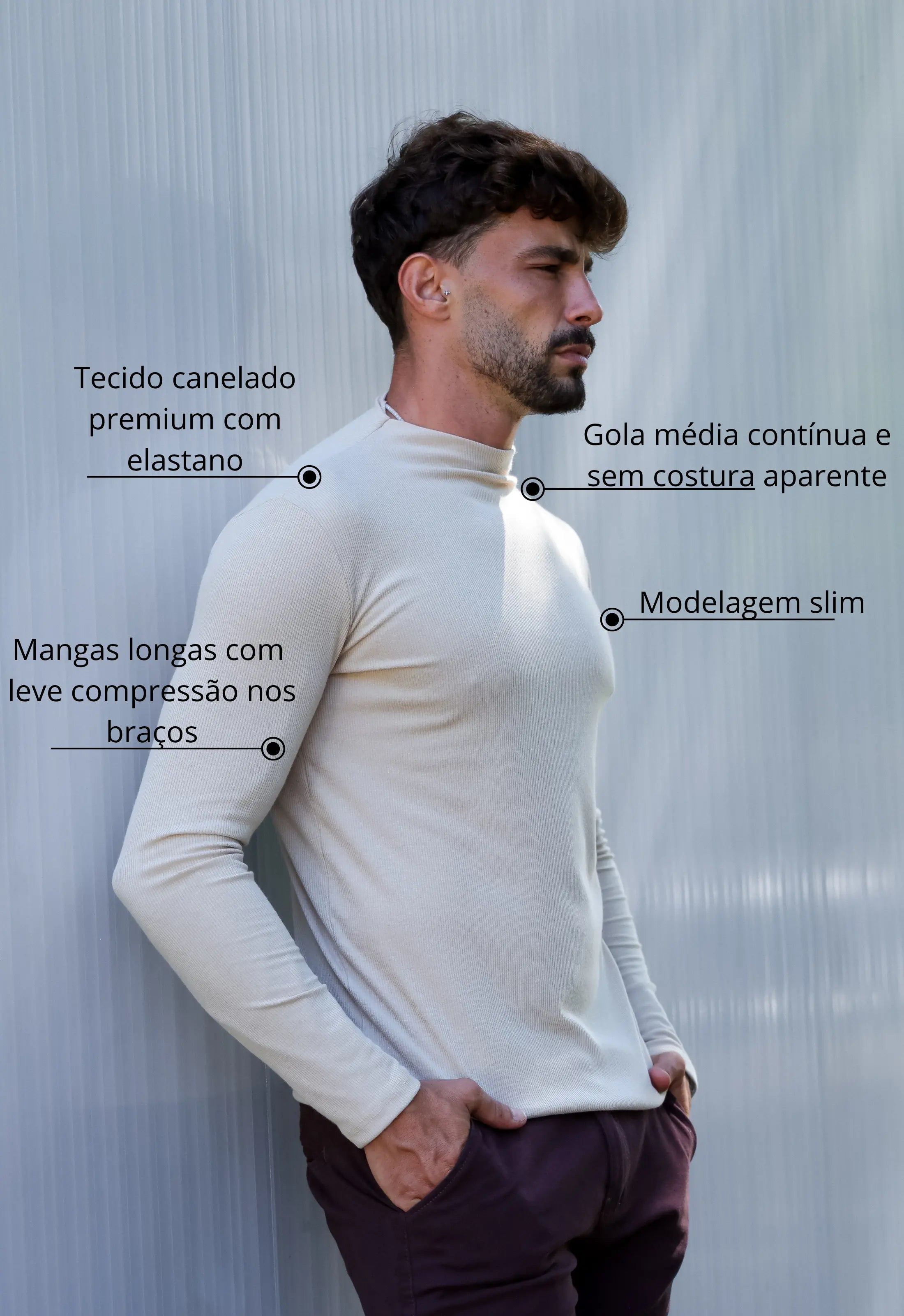 Camiseta Slim Manga Longa Gola Média Bege - Imagem 2