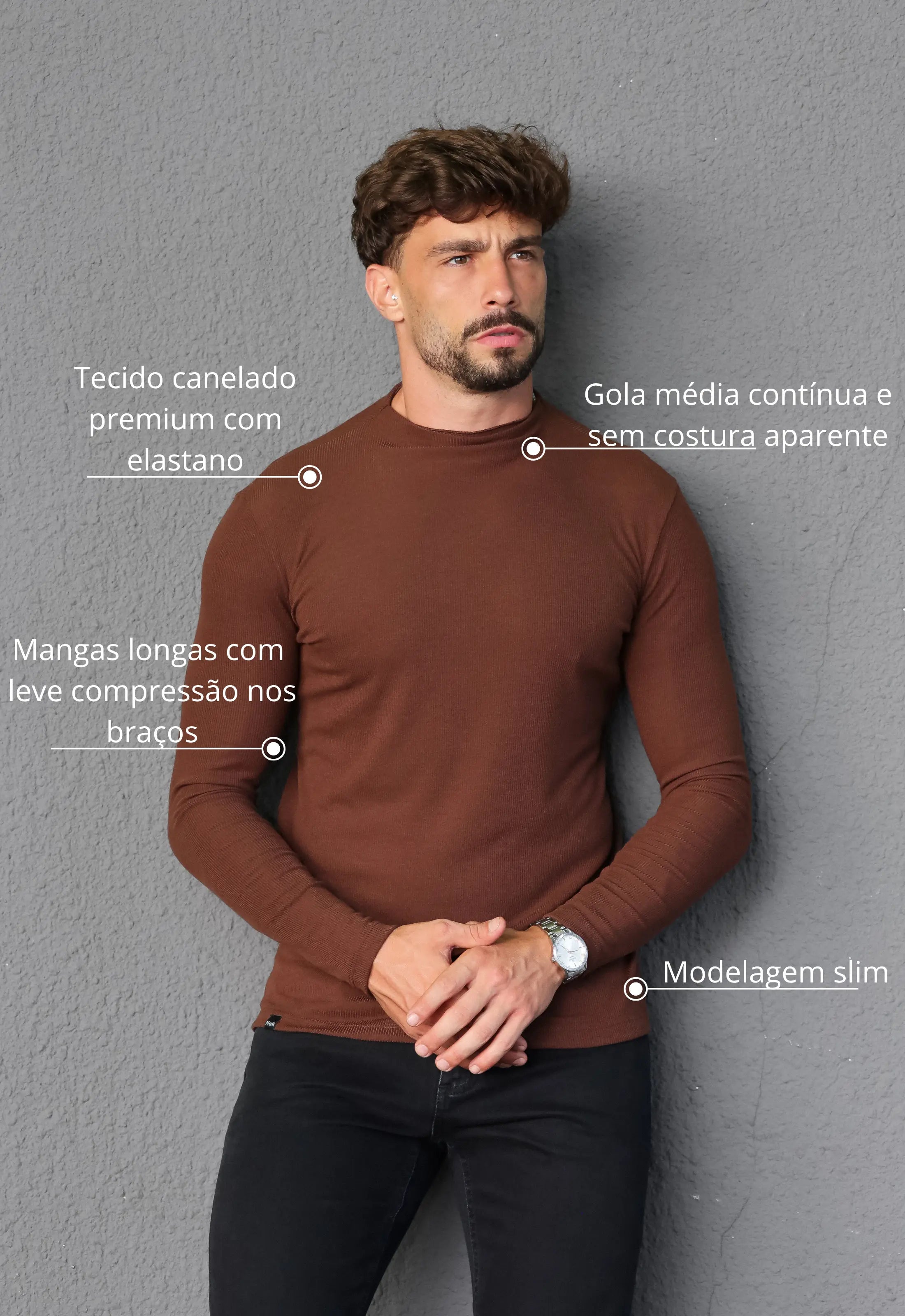 Camiseta Slim Manga Longa Gola Média Marrom - Imagem 2