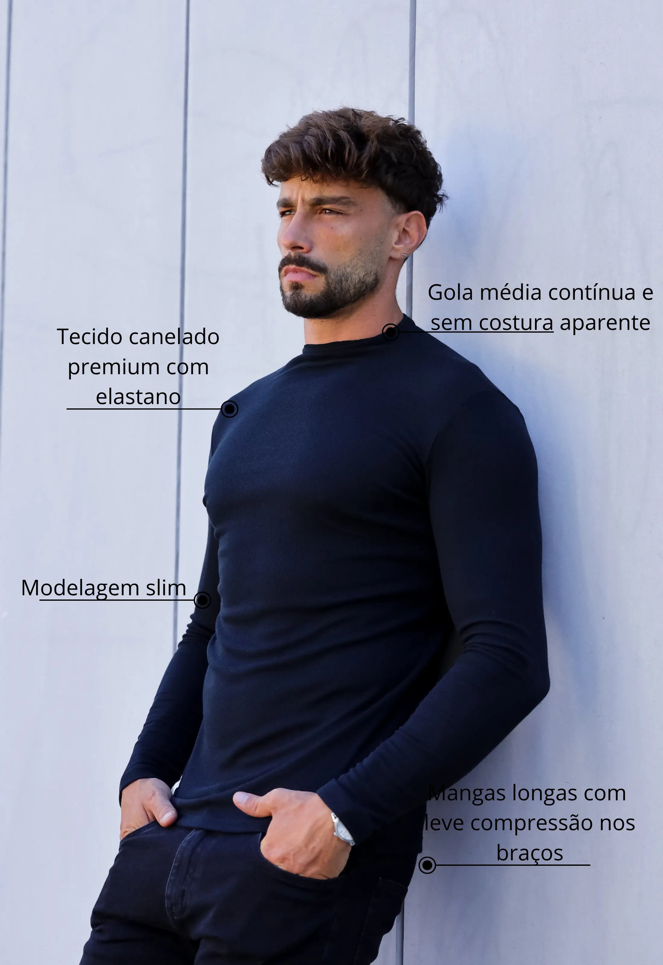 Camiseta Slim Manga Longa Gola Média Preto - Imagem 2