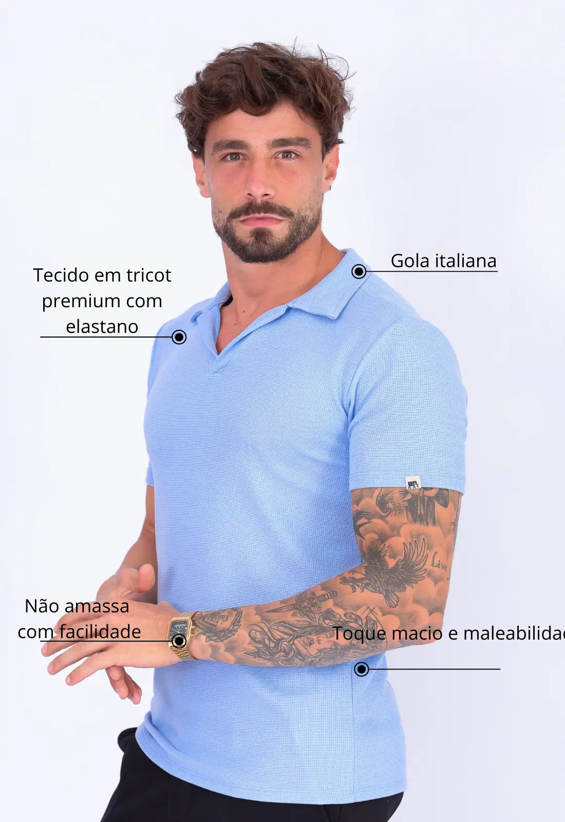 Camisa Polo Italiana Tricot Azul Claro - Imagem 2