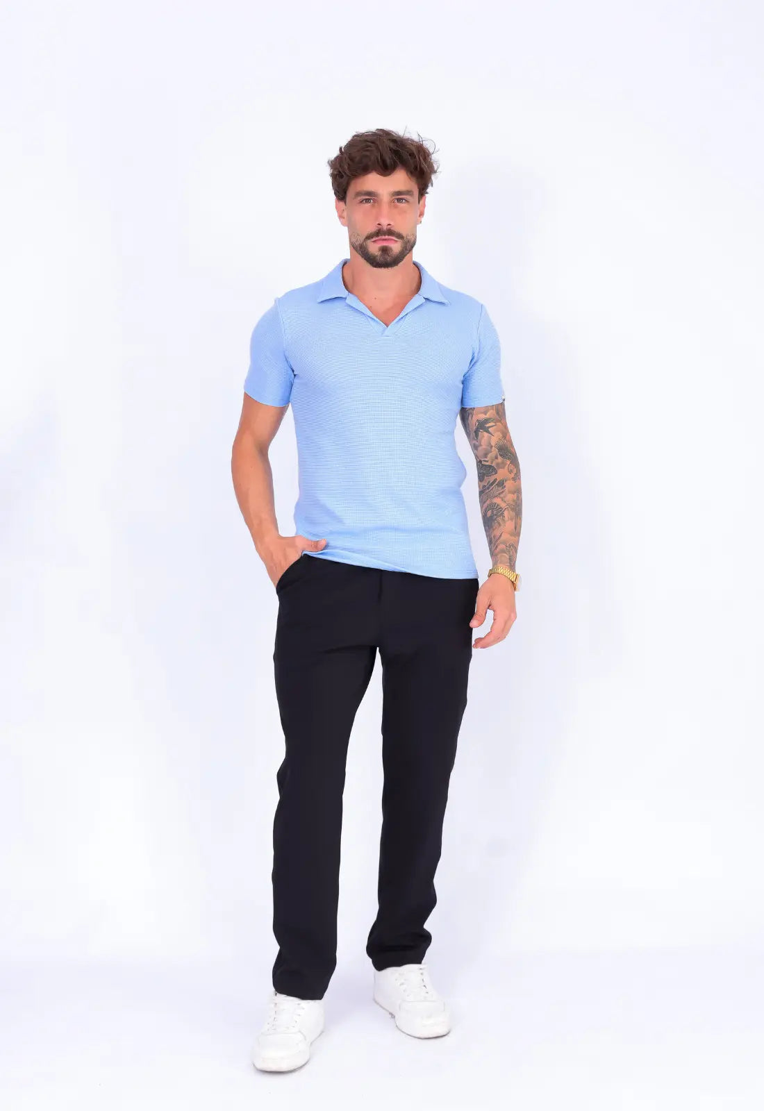 Camisa Polo Italiana Tricot Azul Claro - Imagem 5