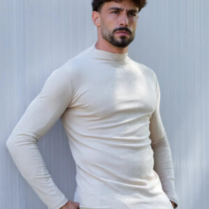 Camiseta Slim Manga Longa Gola Média Bege