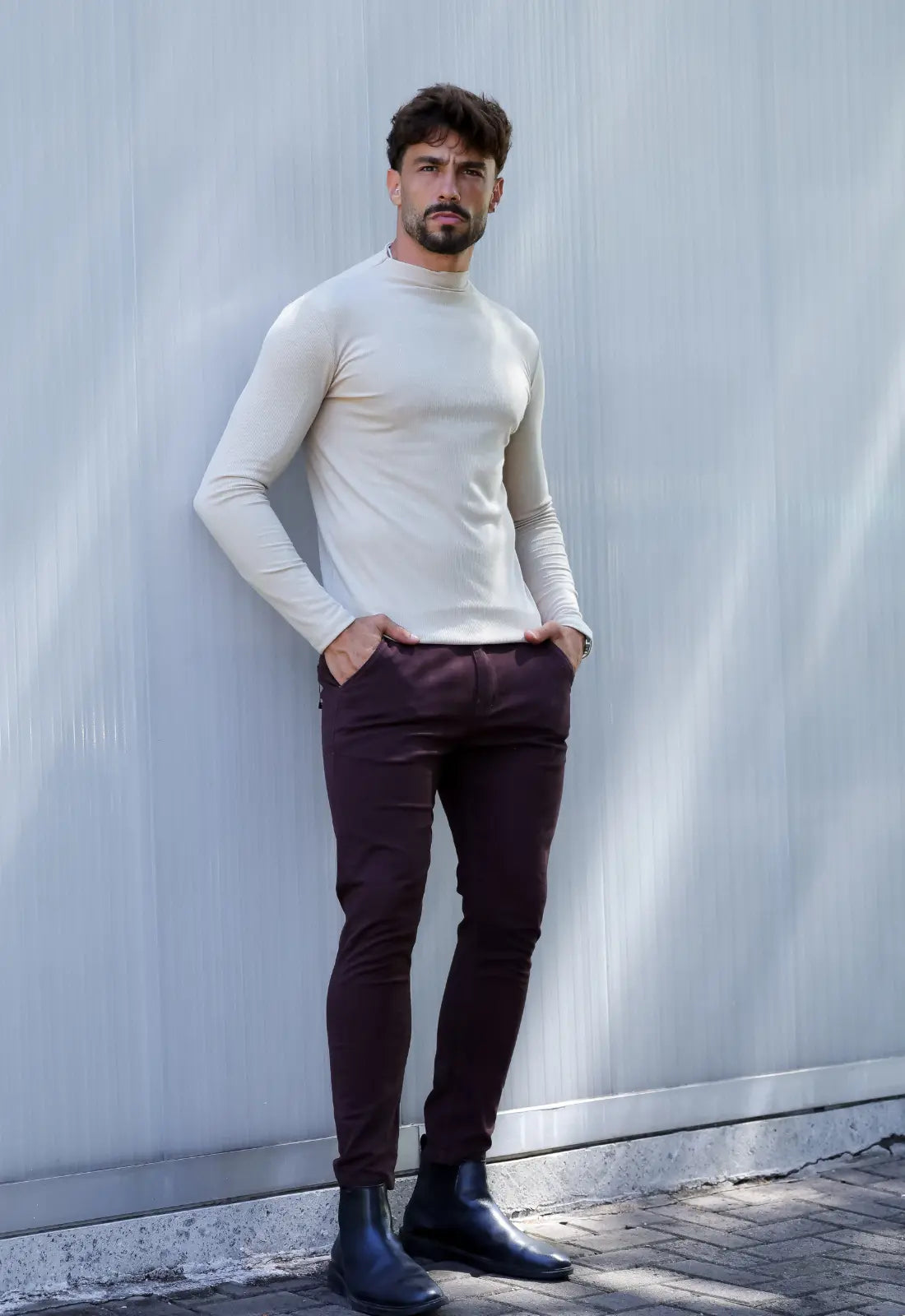 Camiseta Slim Manga Longa Gola Média Bege - Imagem 4