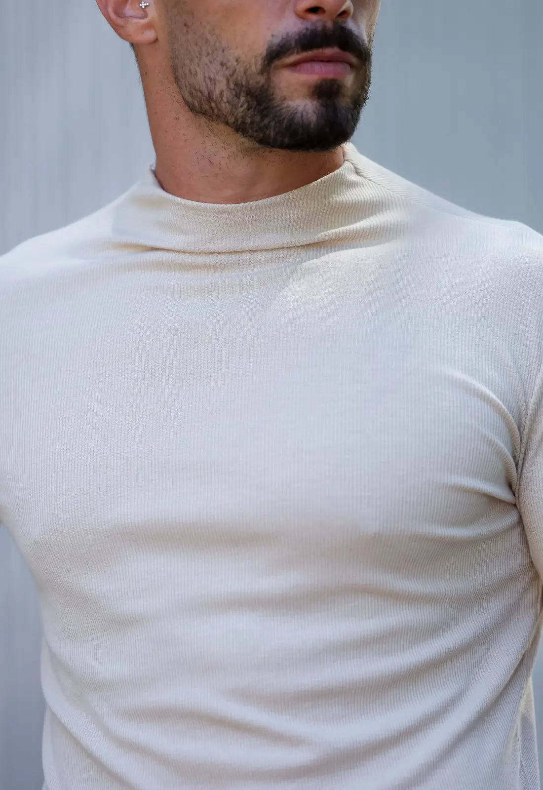 Camiseta Slim Manga Longa Gola Média Bege - Imagem 5