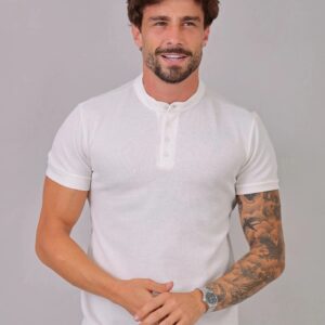 Camiseta Henley Slim Tricot com Elastano Branca