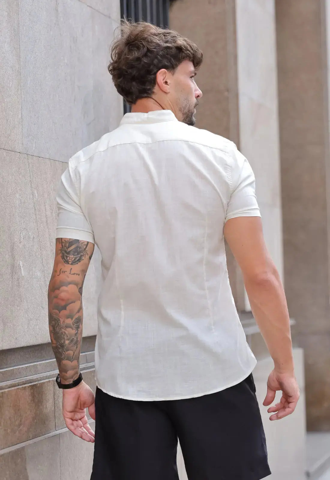 Camisa Masculina Manga Curta Gola Padre Slim Bege - Imagem 3