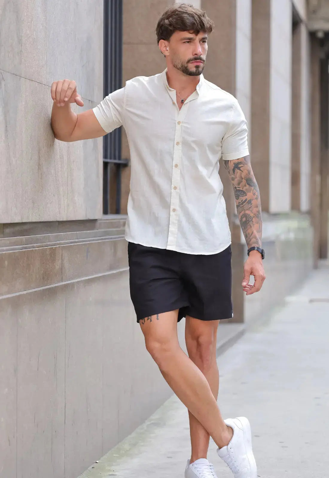 Camisa Masculina Manga Curta Gola Padre Slim Bege - Imagem 4