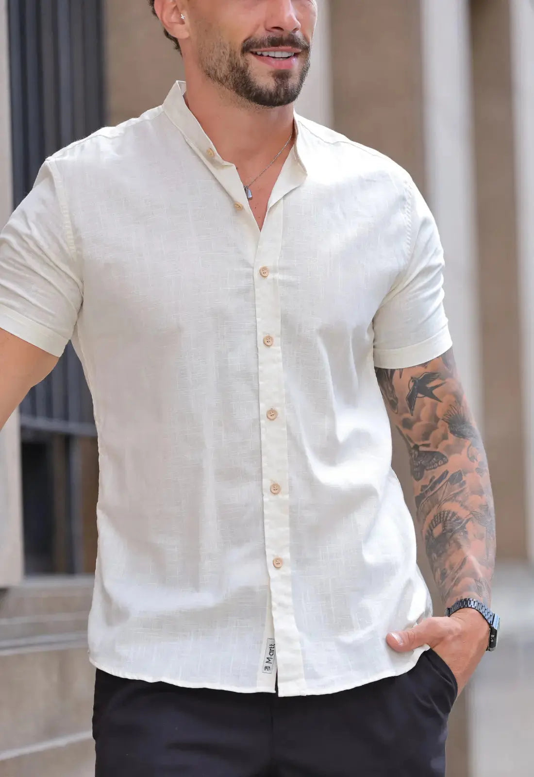 Camisa Masculina Manga Curta Gola Padre Slim Bege - Imagem 6