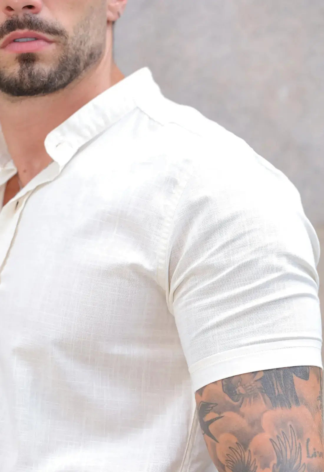 Camisa Masculina Manga Curta Gola Padre Slim Bege - Imagem 7