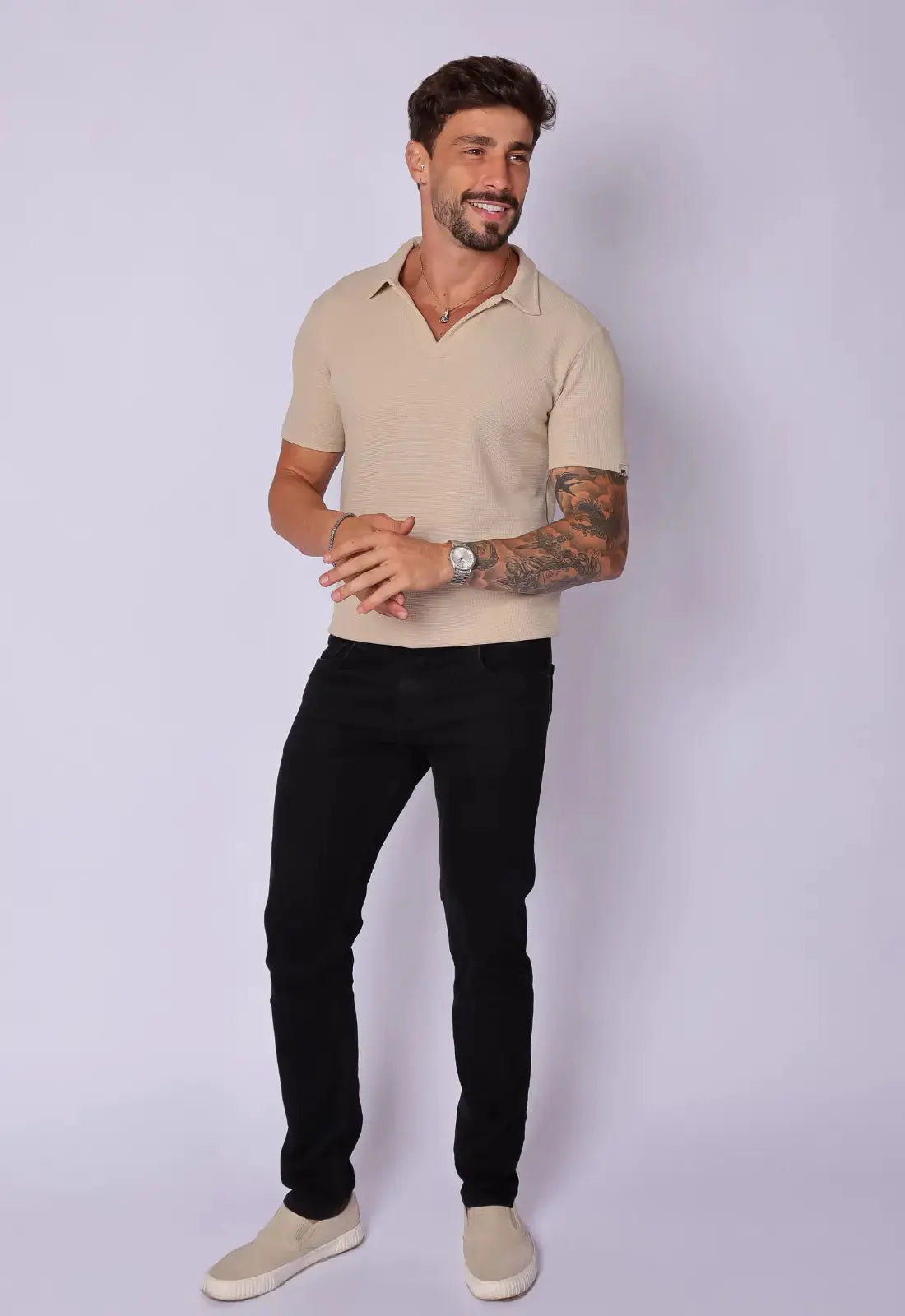 Camisa Polo Italiana Tricot Bege - Imagem 5