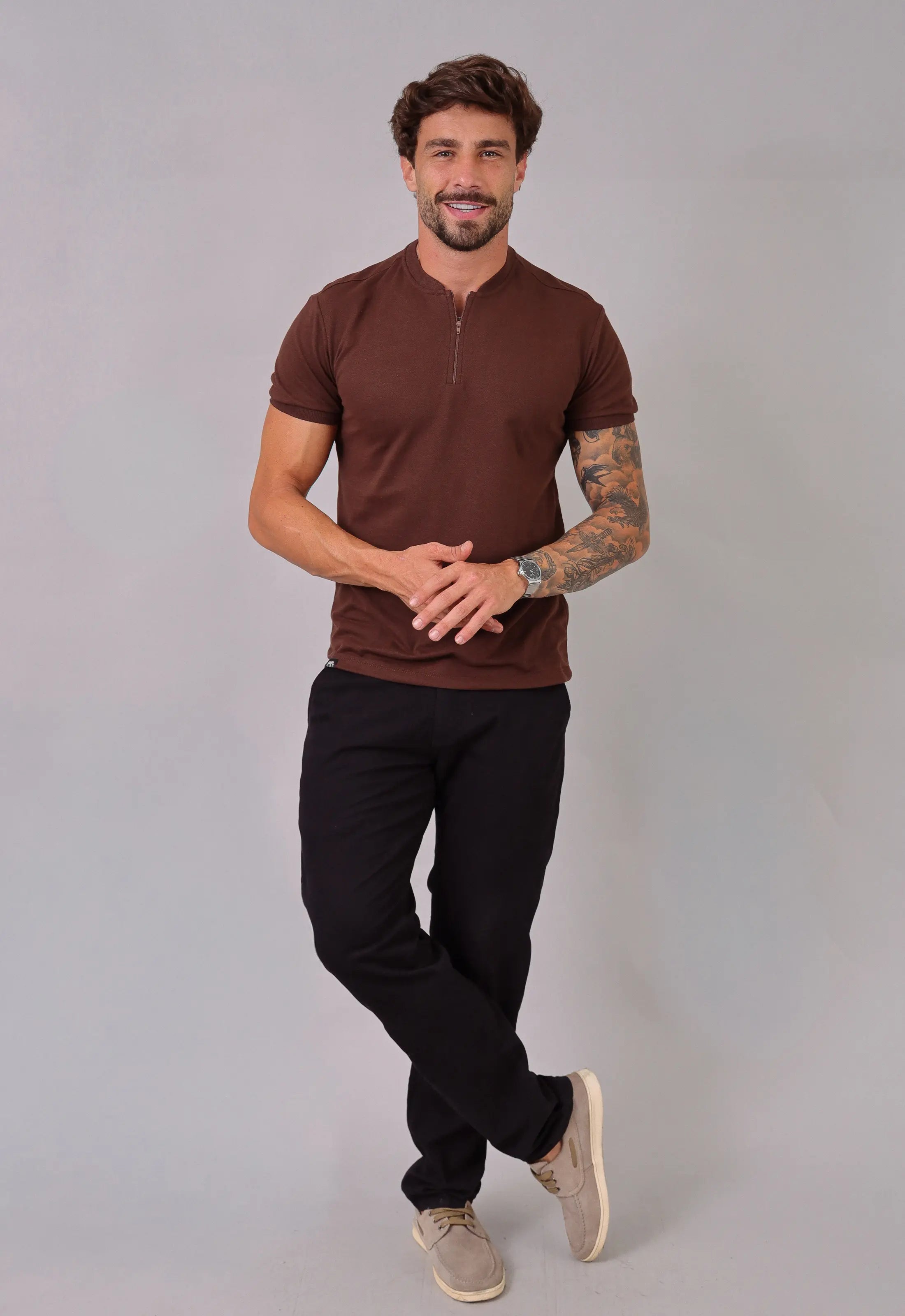 Camiseta Gola Padre Zíper Marrom - Imagem 3