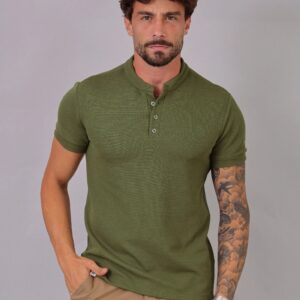 Camiseta Henley Slim Tricot com Elastano Verde