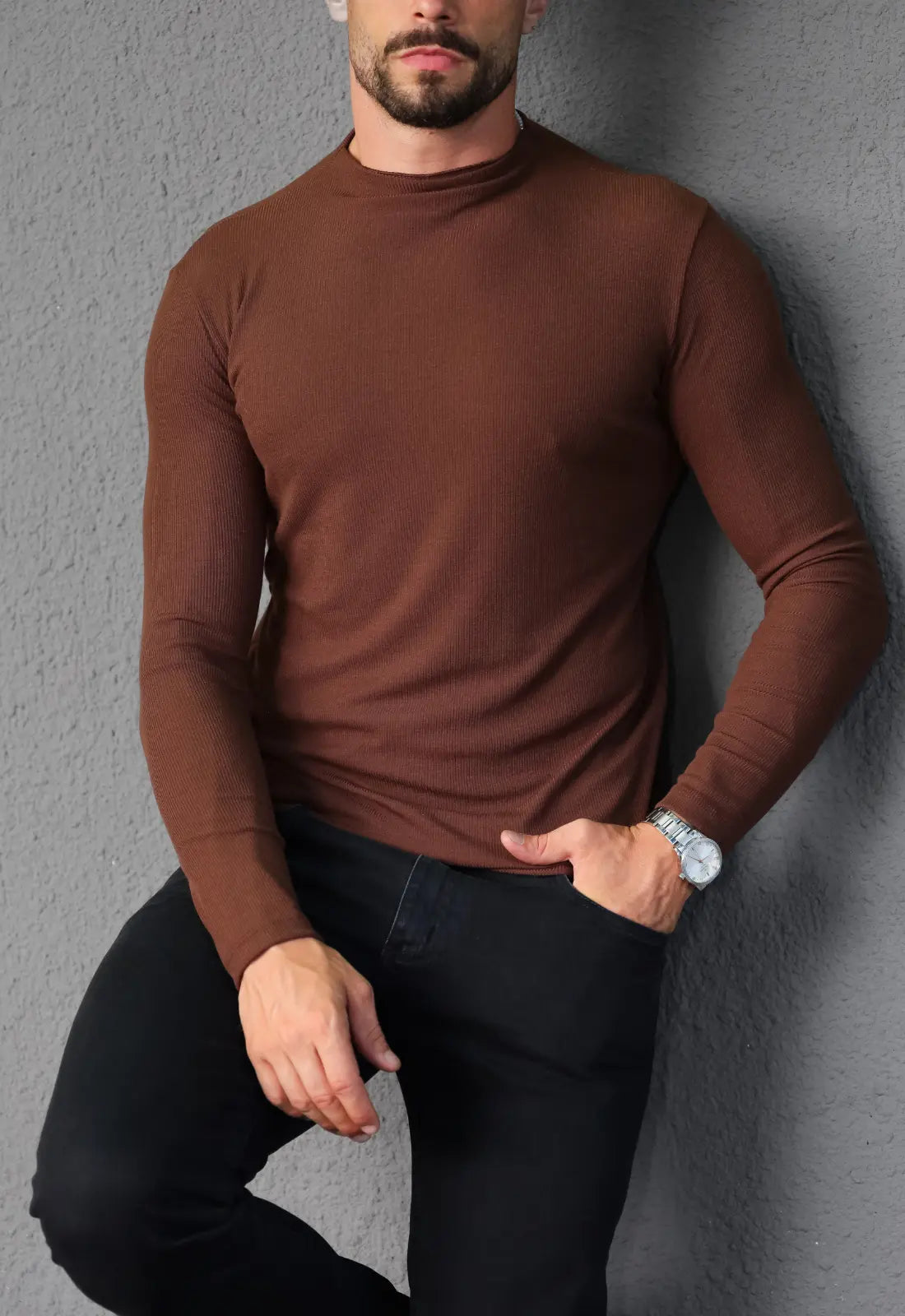 Camiseta Slim Manga Longa Gola Média Marrom - Imagem 5