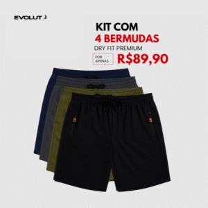 Kit 4 Bermudas DryFit Premium Evolut Performance, Secagem rápida, Bolso com Zíper e Ajuste Anatômico