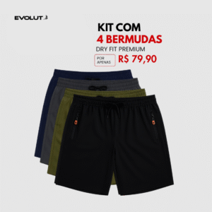Kit 4 Bermudas DryFit Premium Evolut Performance, Secagem rápida, Bolso com Zíper e Ajuste Anatômico | FRETE GRÁTIS HOJE
